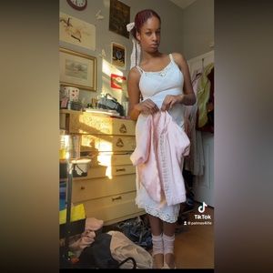 Vintage maxi white slip dress and satin pink bed jacket